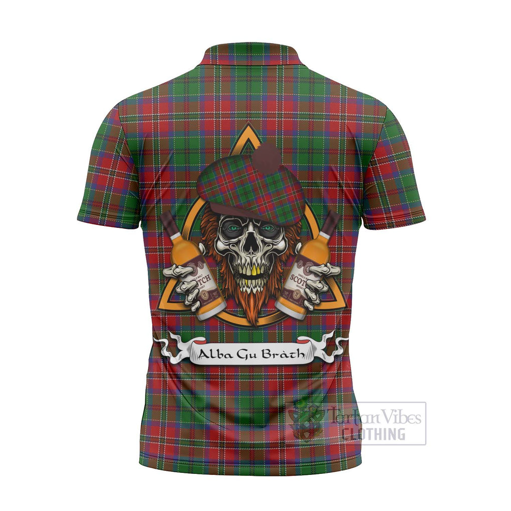 Tartan Vibes Clothing MacCulloch (McCulloch) Tartan Zipper Polo Shirt with Family Crest and Bearded Skull Holding Bottles of Whiskey