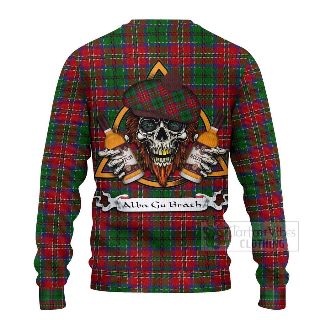 Tartan Vibes Clothing MacCulloch (McCulloch) Tartan Knitted Sweater with Family Crest and Bearded Skull Holding Bottles of Whiskey