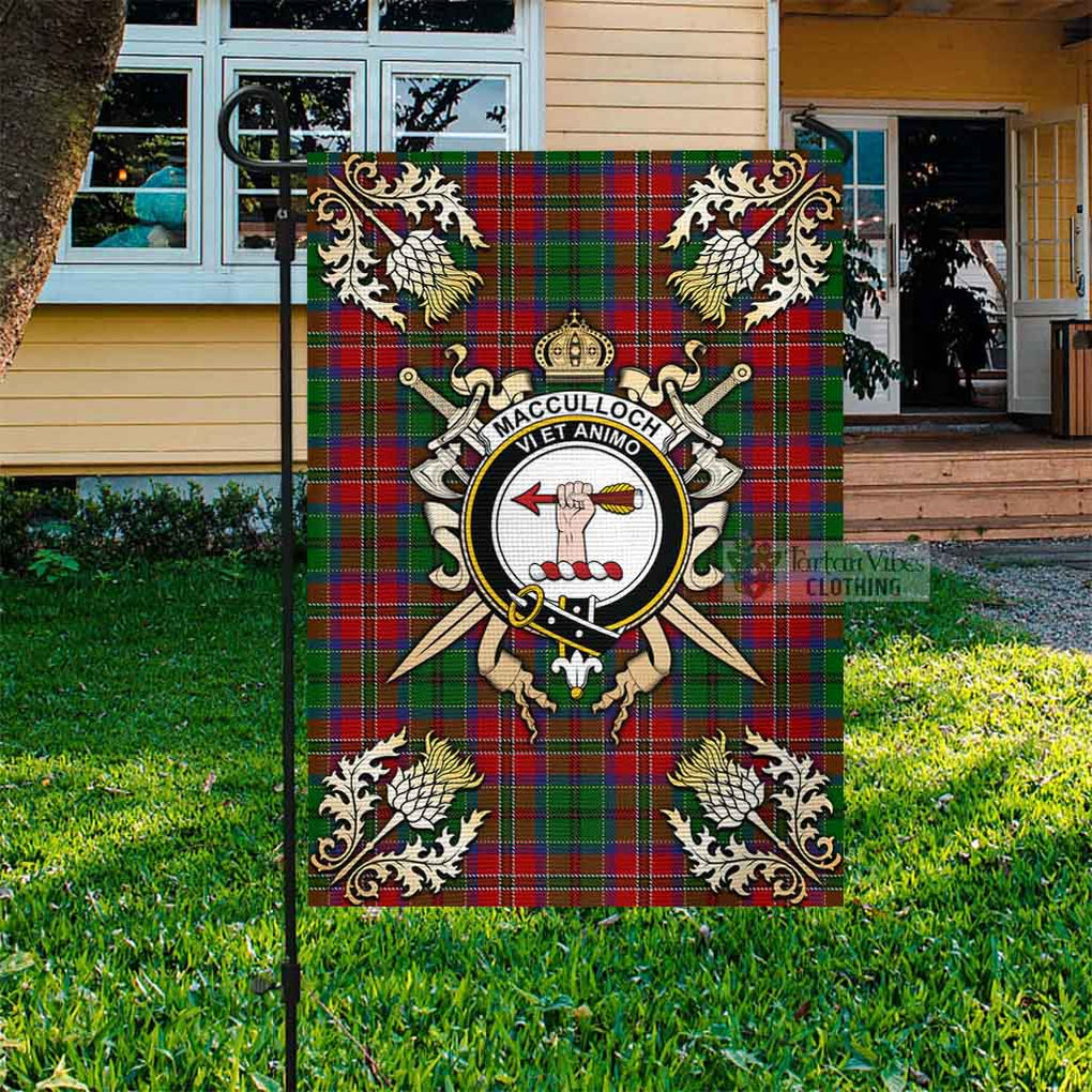 Tartan Vibes Clothing MacCulloch (McCulloch) Tartan Flag with Family Crest and Golden Thistle Crossed Sword Design