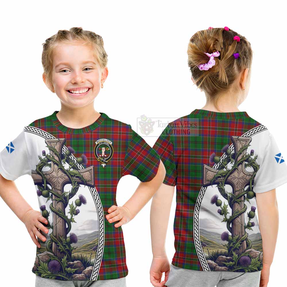 Tartan Vibes Clothing MacCulloch (McCulloch) Tartan Kid T-Shirt with Family Crest and St. Andrew's Cross Accented by Thistle Vines