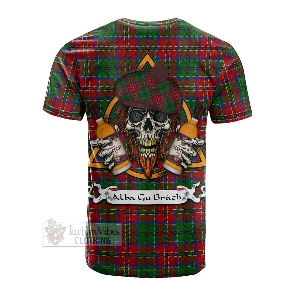 Tartan Vibes Clothing MacCulloch (McCulloch) Tartan Cotton T-shirt with Family Crest and Bearded Skull Holding Bottles of Whiskey