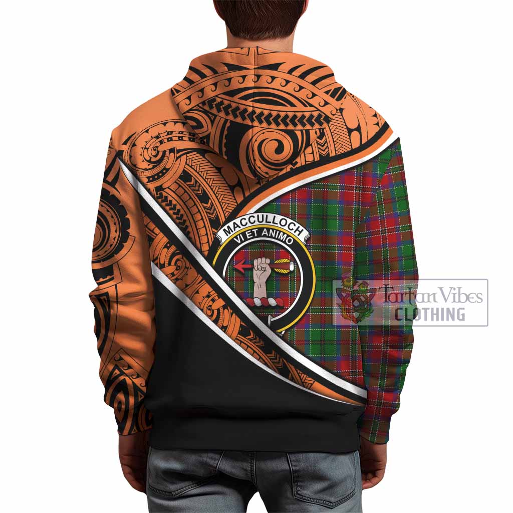 Tartan Vibes Clothing MacCulloch (McCulloch) Crest Tartan Hoodie with Maori Tattoo Style - Orange Version