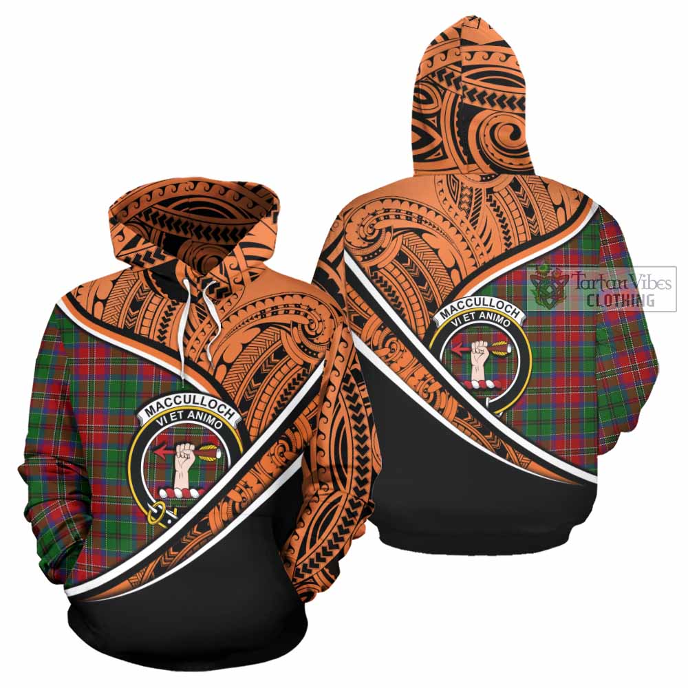 Tartan Vibes Clothing MacCulloch (McCulloch) Crest Tartan Hoodie with Maori Tattoo Style - Orange Version