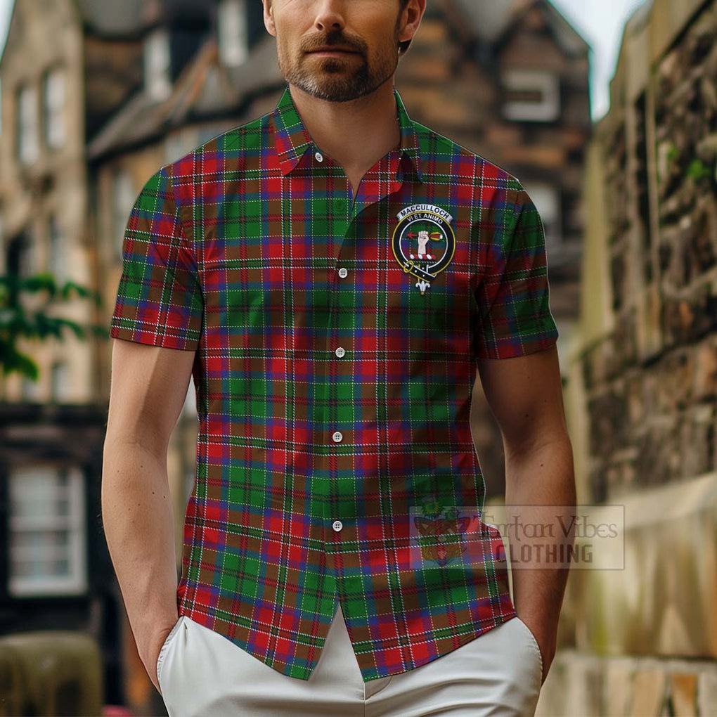 Tartan Vibes Clothing MacCulloch (McCulloch) Tartan Short Sleeve Button Shirt with Family Crest and Bearded Skull Holding Bottles of Whiskey