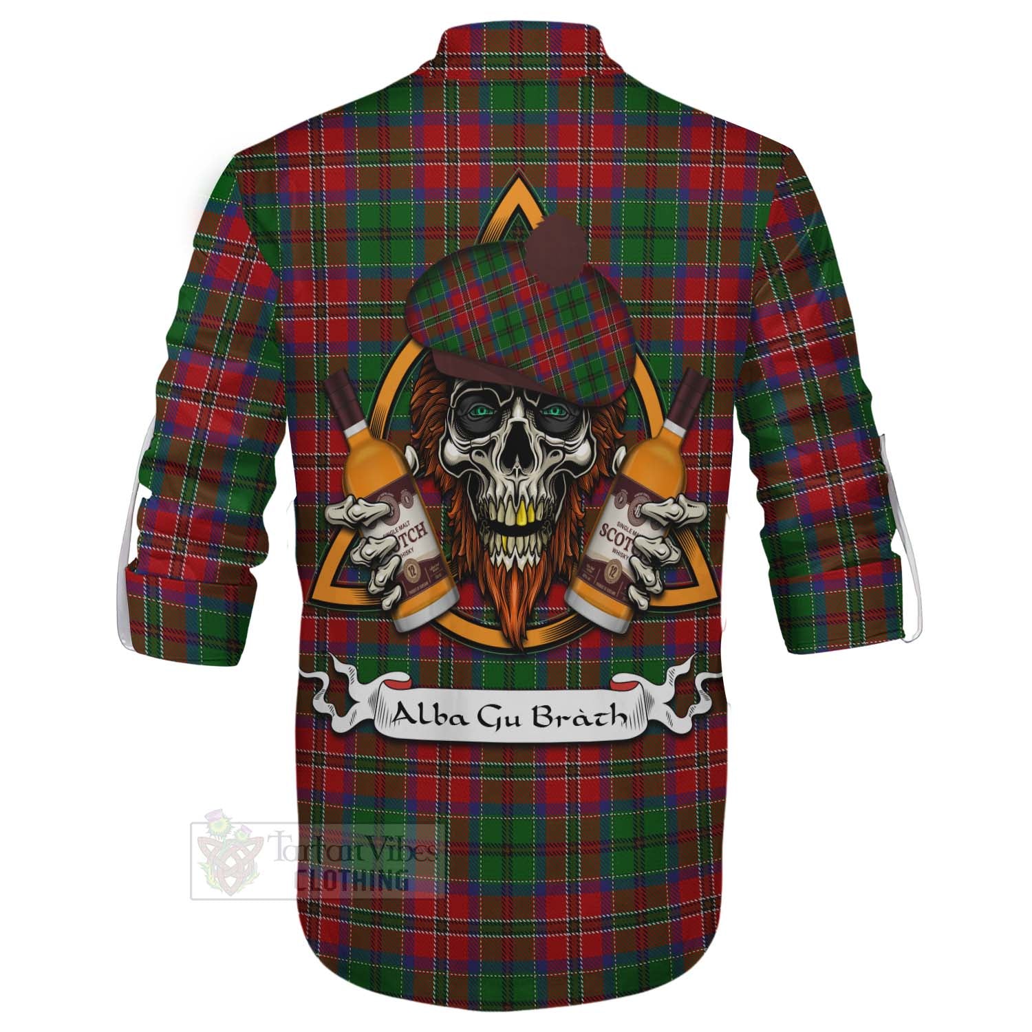 Tartan Vibes Clothing MacCulloch (McCulloch) Tartan Ghillie Kilt Shirt with Family Crest and Bearded Skull Holding Bottles of Whiskey