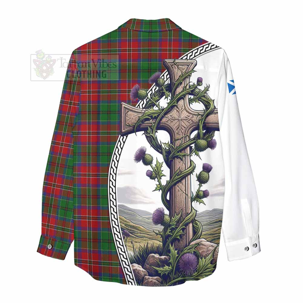 Tartan Vibes Clothing MacCulloch (McCulloch) Tartan Women's Casual Shirt with Family Crest and St. Andrew's Cross Accented by Thistle Vines