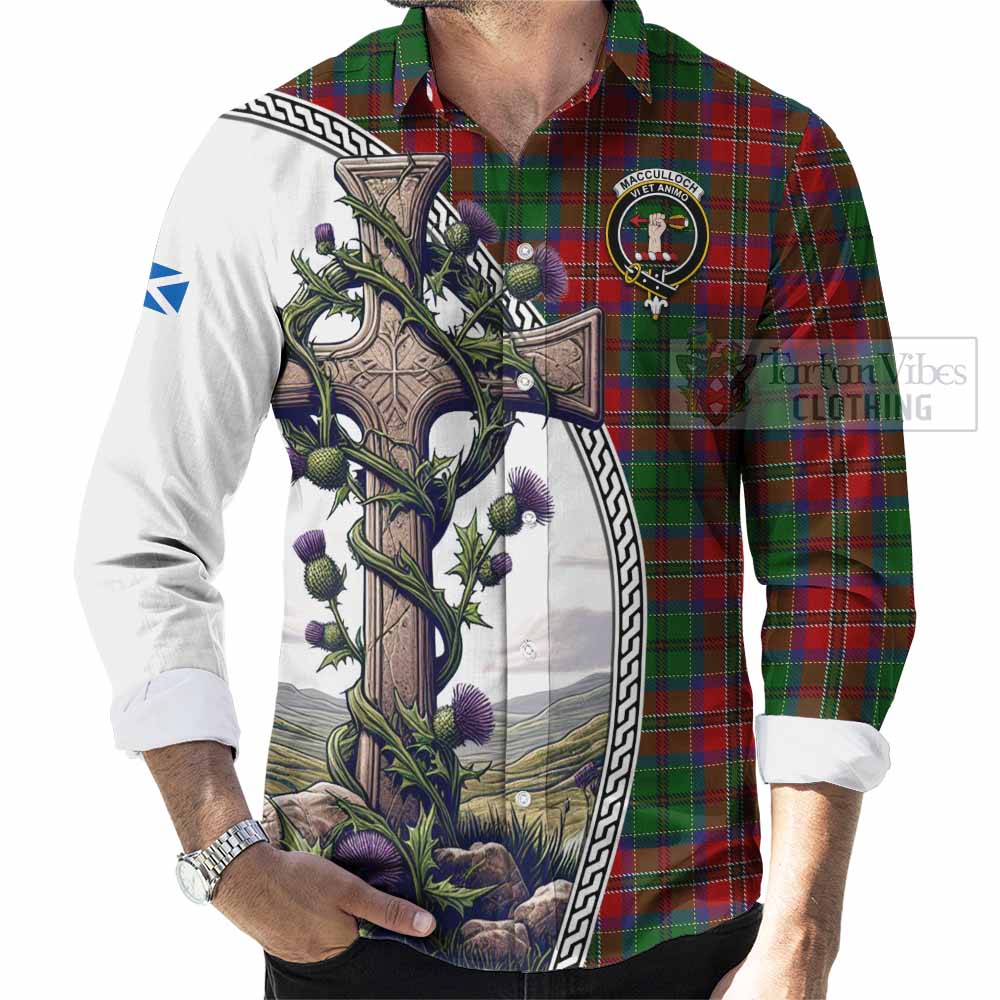 Tartan Vibes Clothing MacCulloch (McCulloch) Tartan Long Sleeve Button Shirt with Family Crest and St. Andrew's Cross Accented by Thistle Vines