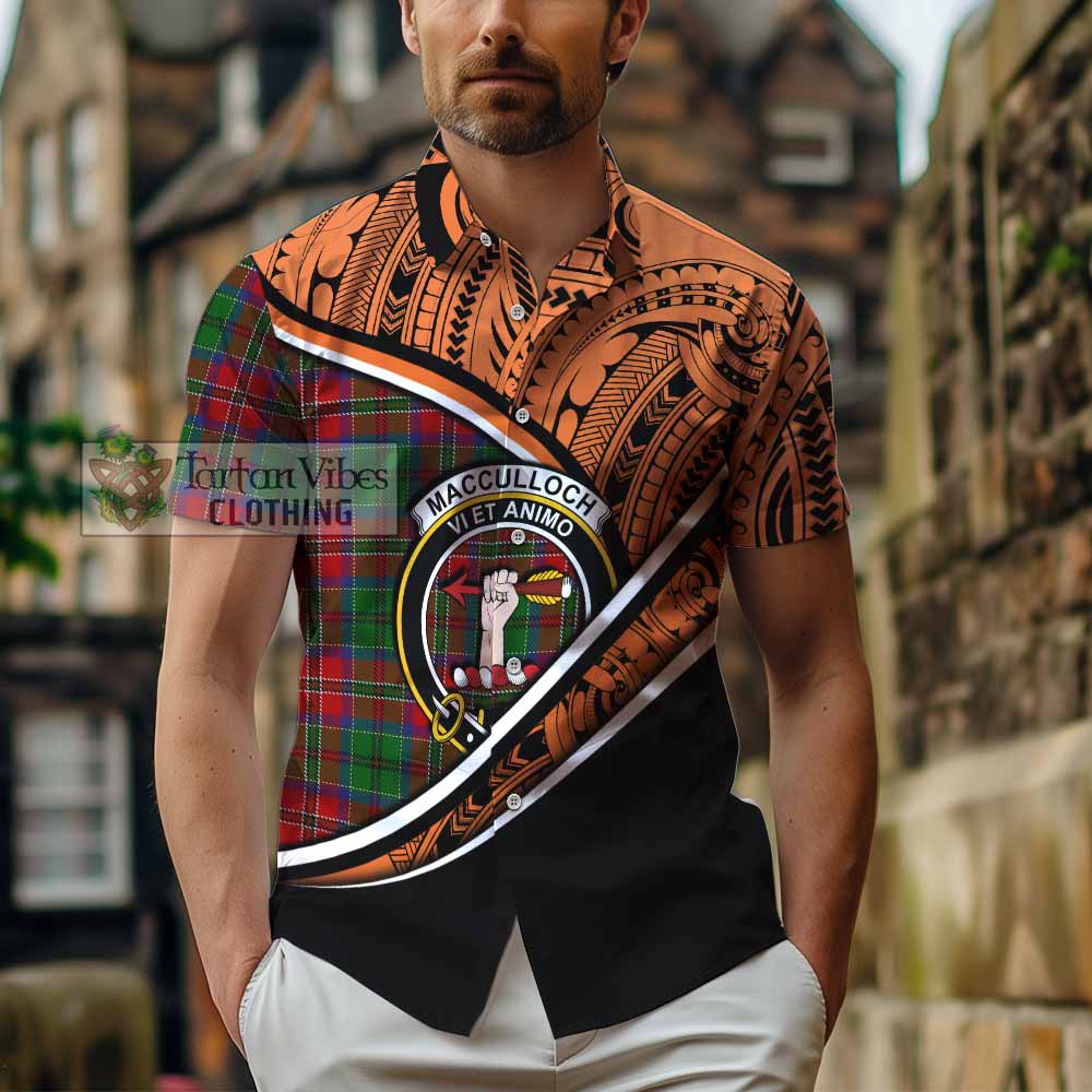 Tartan Vibes Clothing MacCulloch (McCulloch) Crest Tartan Short Sleeve Button Shirt with Maori Tattoo Style - Orange Version