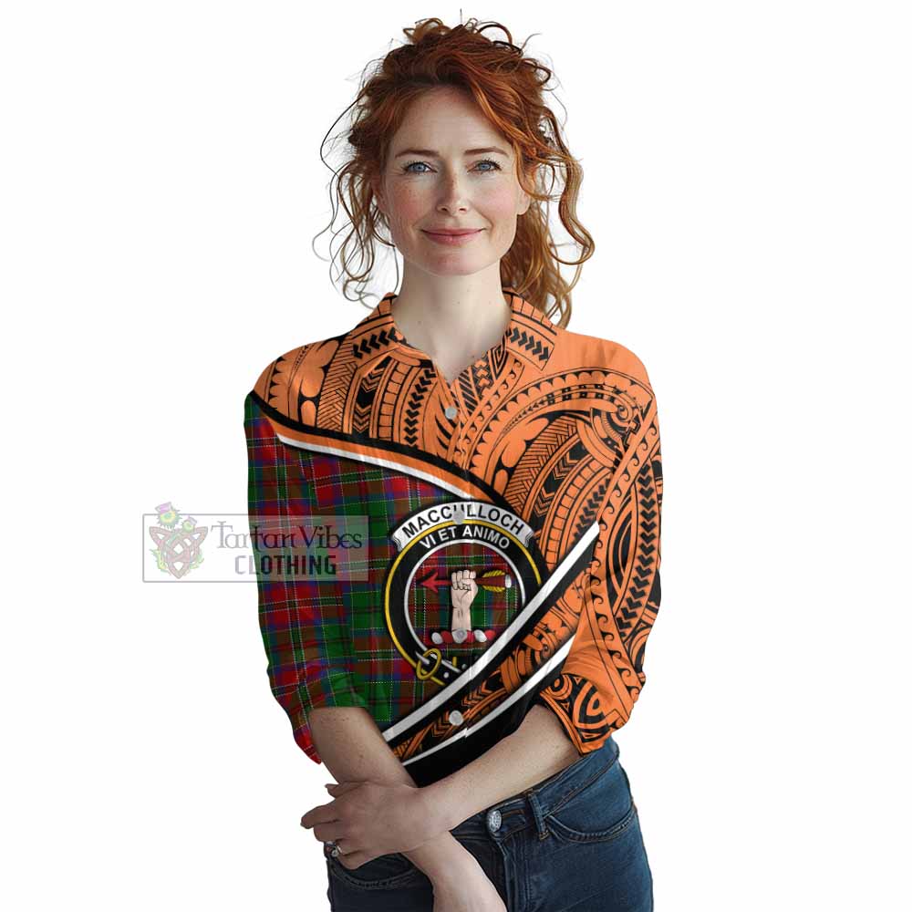 Tartan Vibes Clothing MacCulloch (McCulloch) Crest Tartan Women's Casual Shirt with Maori Tattoo Style - Orange Version