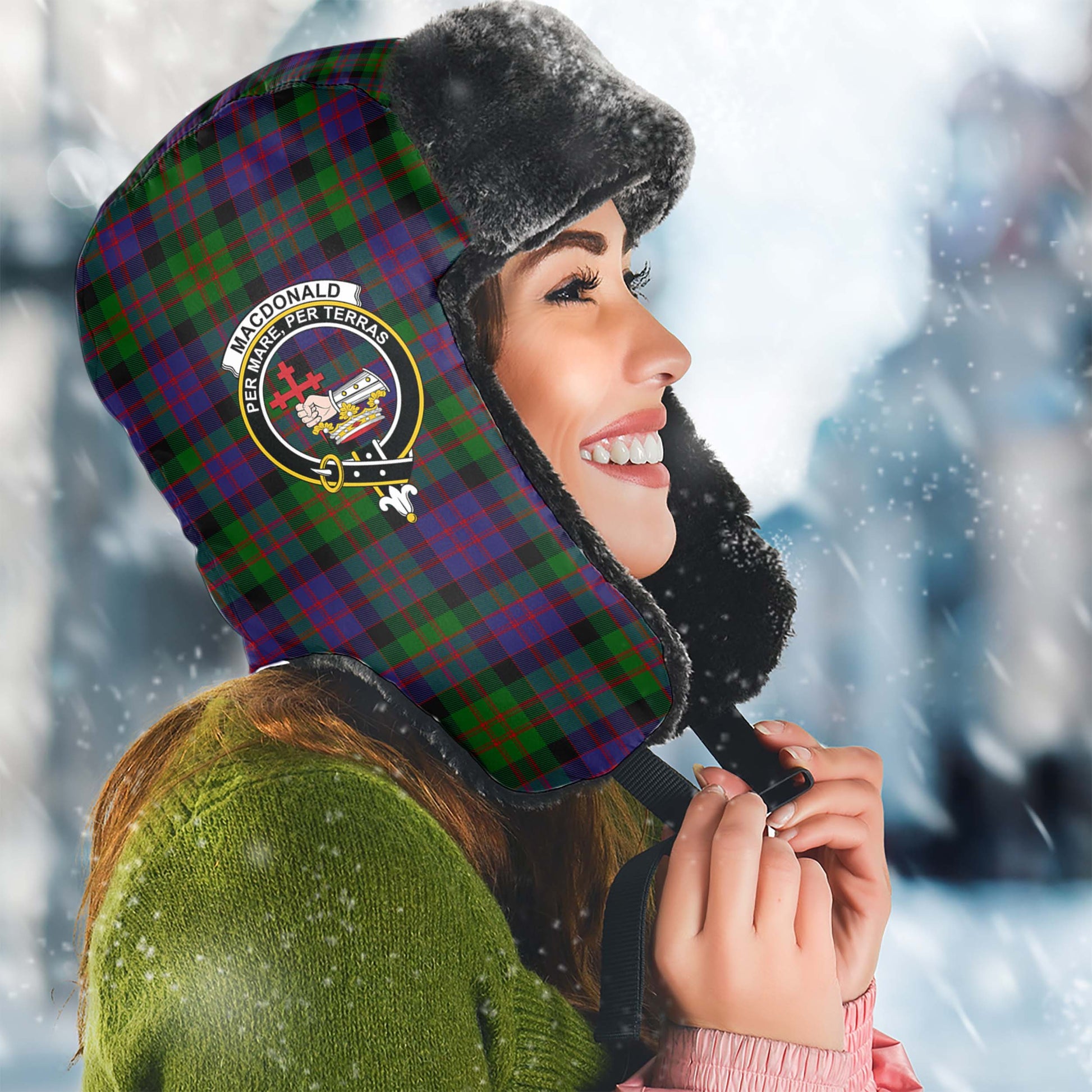 MacDonald Tartan Winter Trapper Hat with Family Crest Winter Trapper Hat Universal Fit Circumference 22.8in (58cm) - Tartanvibesclothing