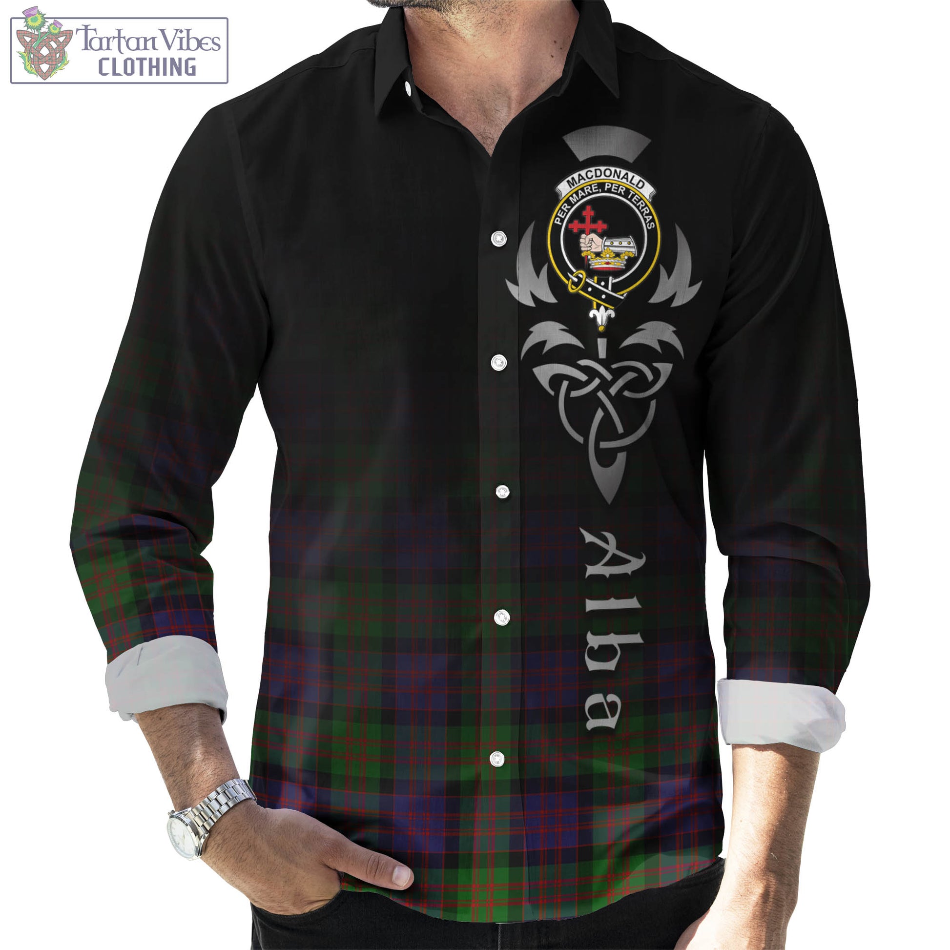 Tartan Vibes Clothing MacDonald Tartan Long Sleeve Button Up Featuring Alba Gu Brath Family Crest Celtic Inspired