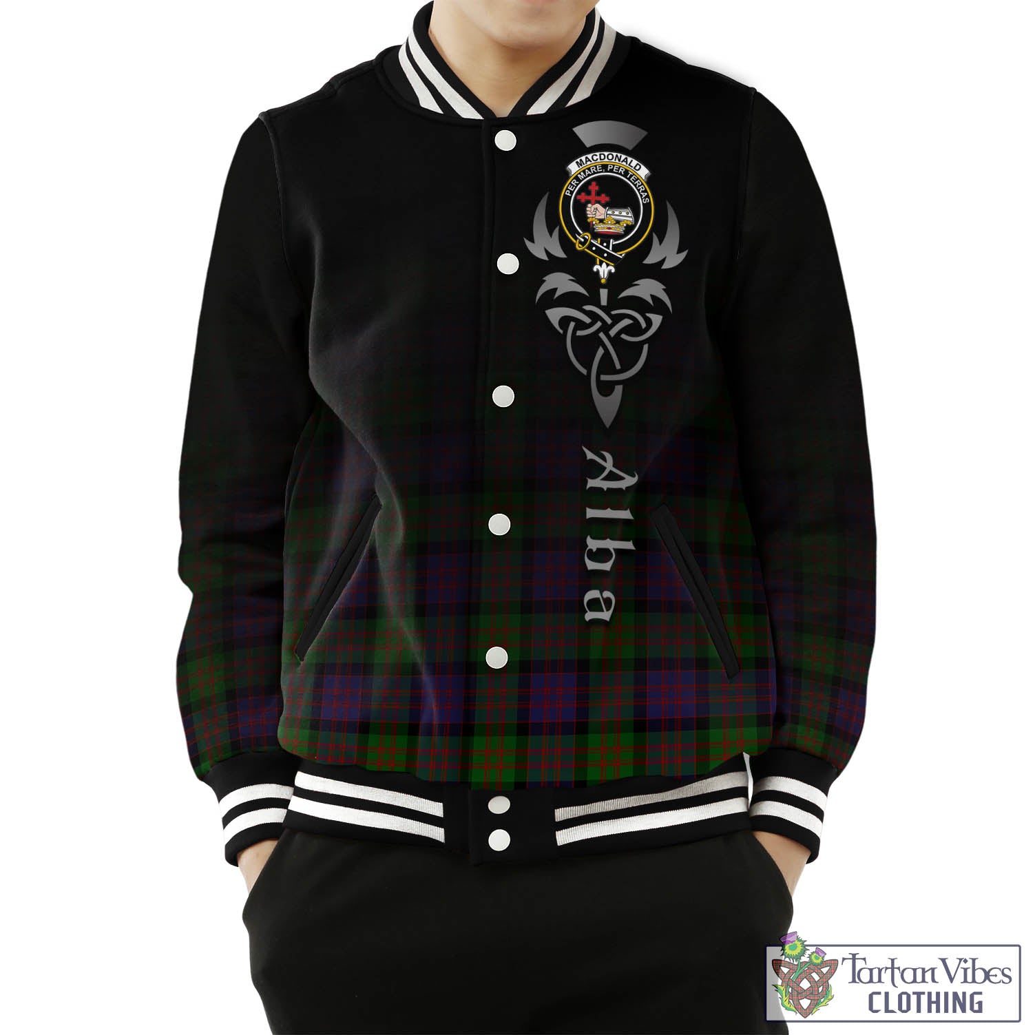 Tartan Vibes Clothing MacDonald Tartan Baseball Jacket Featuring Alba Gu Brath Family Crest Celtic Inspired