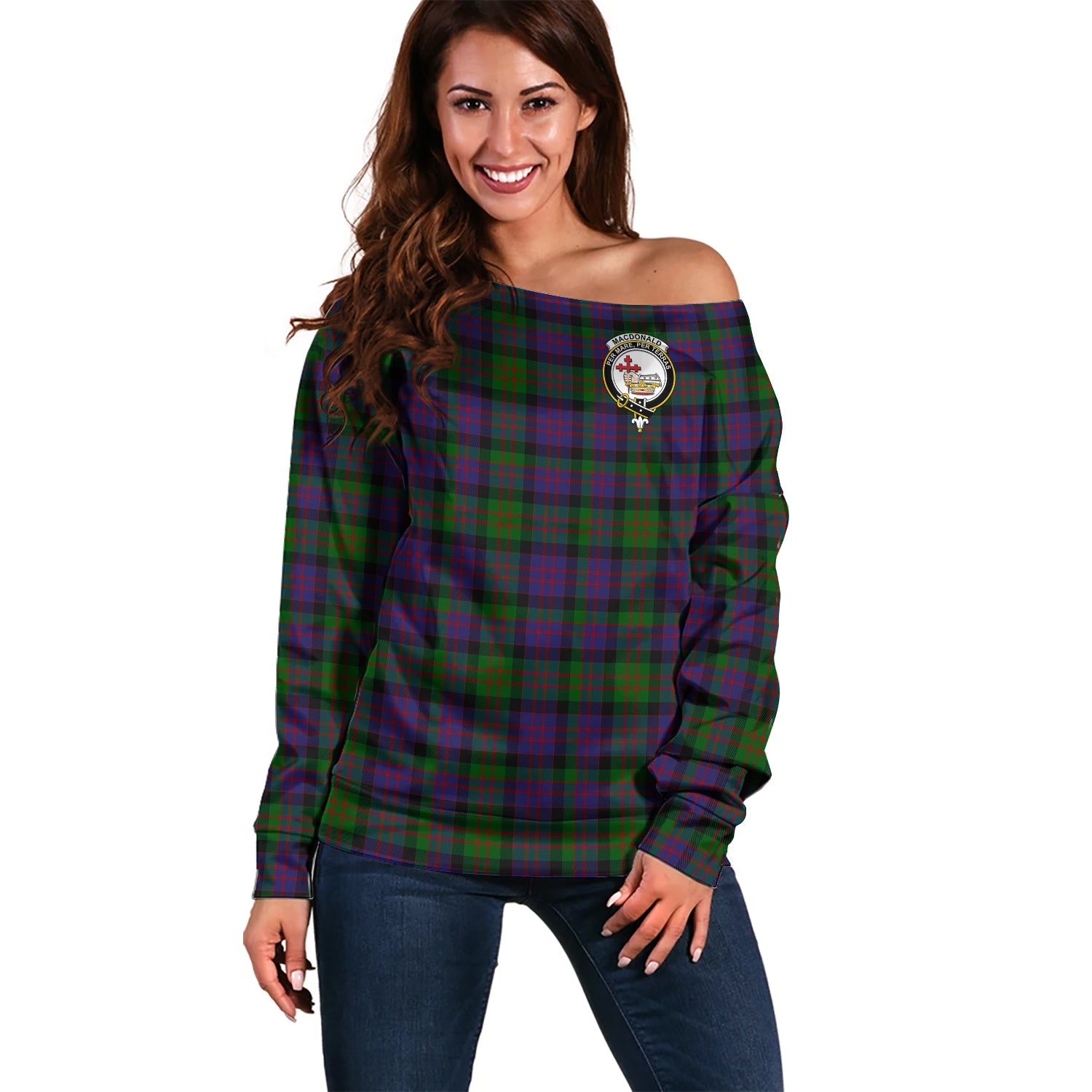 MacDonald Tartan Off Shoulder Women Sweater with Family Crest Women - Tartanvibesclothing