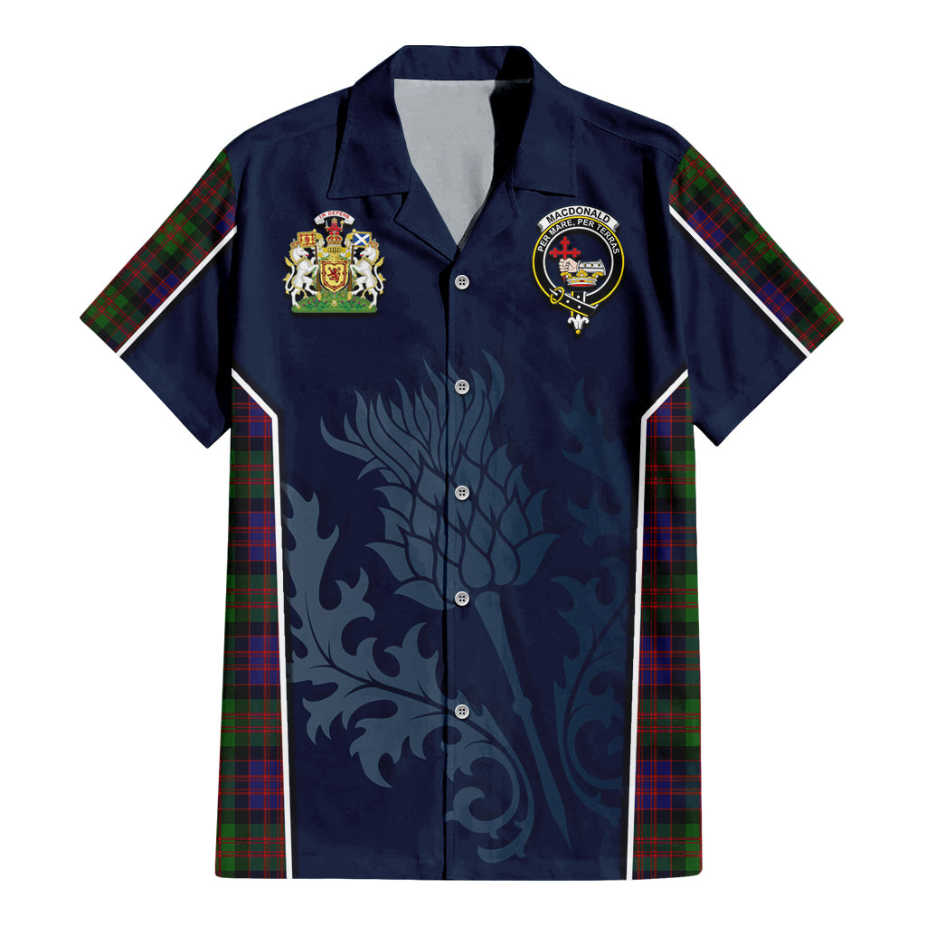 Tartan Vibes Clothing MacDonald Tartan Short Sleeve Button Up Shirt with Family Crest and Scottish Thistle Vibes Sport Style