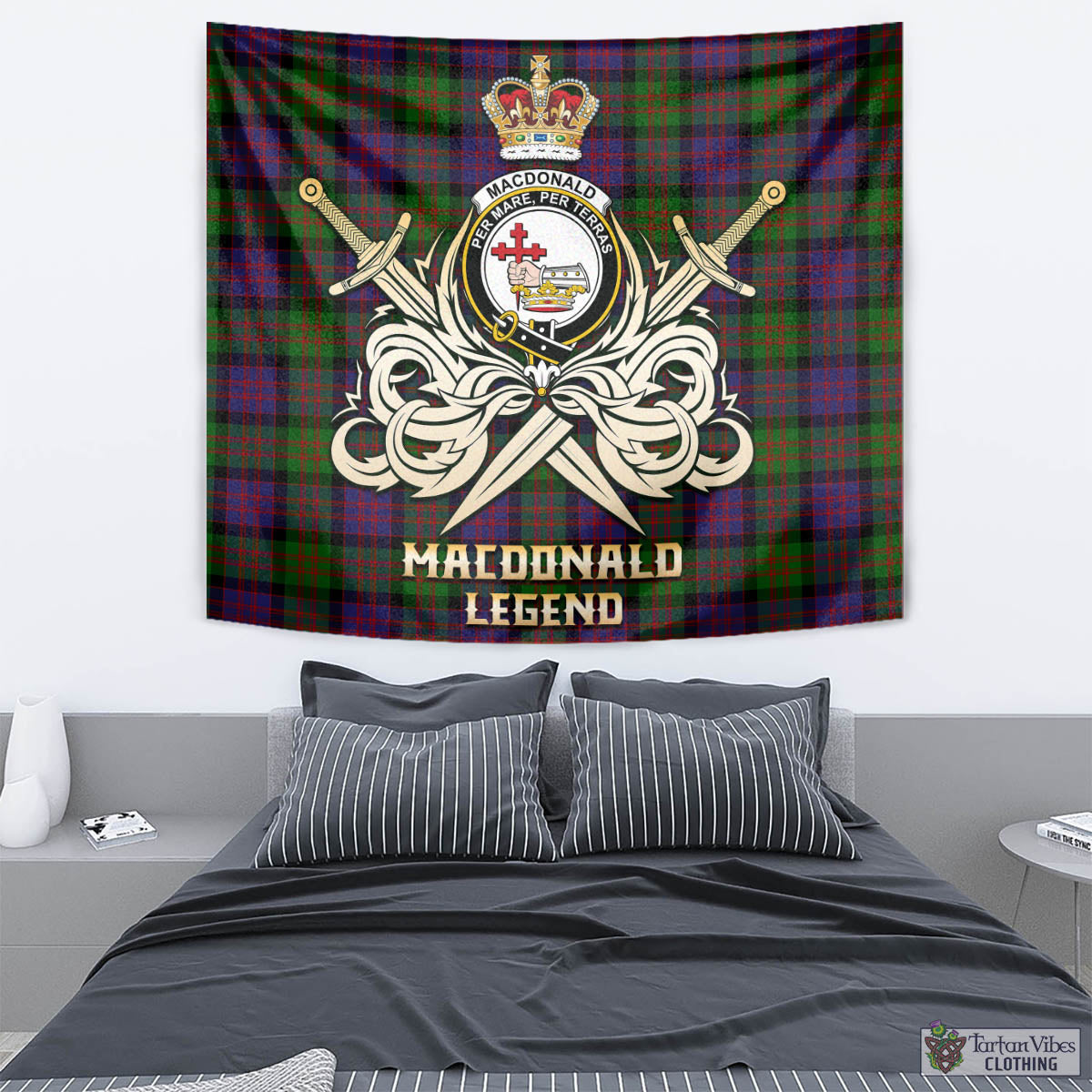 Tartan Vibes Clothing MacDonald Tartan Tapestry with Clan Crest and the Golden Sword of Courageous Legacy