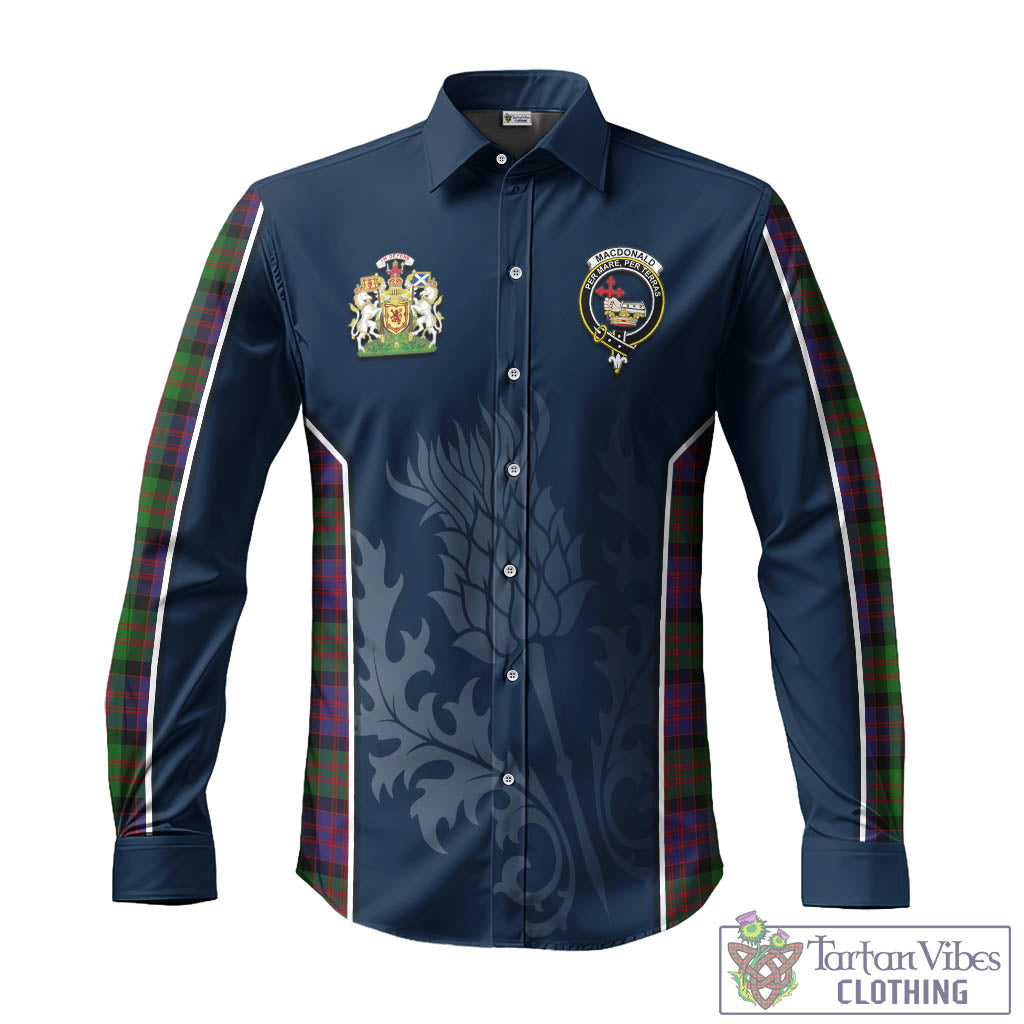 Tartan Vibes Clothing MacDonald Tartan Long Sleeve Button Up Shirt with Family Crest and Scottish Thistle Vibes Sport Style