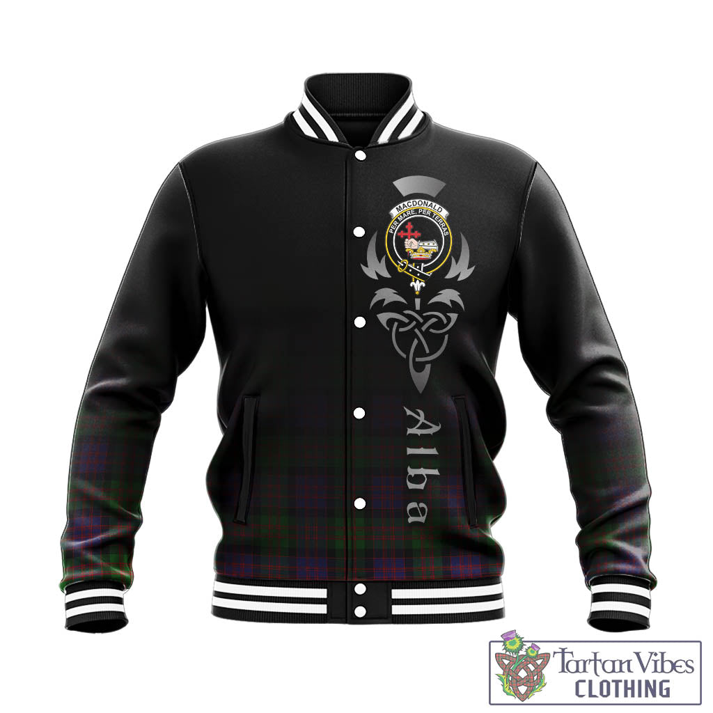 Tartan Vibes Clothing MacDonald Tartan Baseball Jacket Featuring Alba Gu Brath Family Crest Celtic Inspired