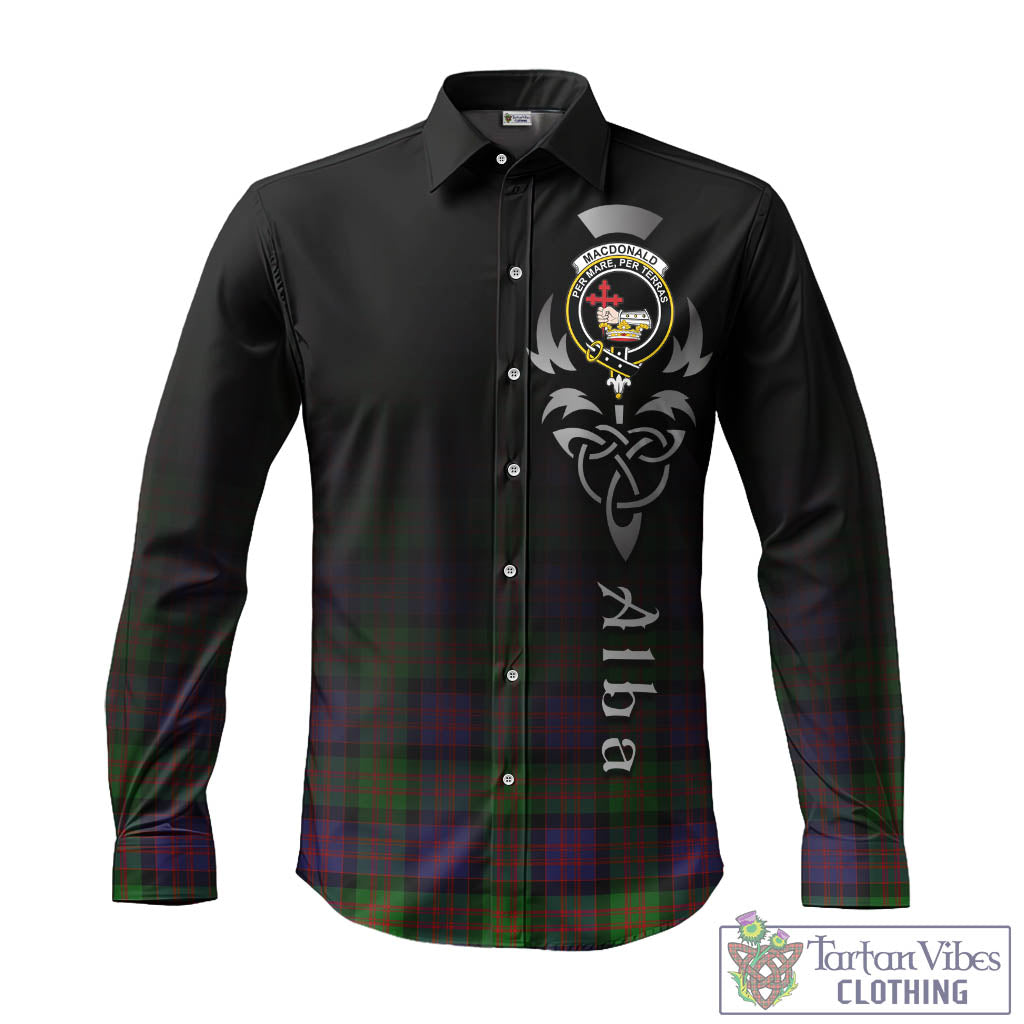 Tartan Vibes Clothing MacDonald Tartan Long Sleeve Button Up Featuring Alba Gu Brath Family Crest Celtic Inspired