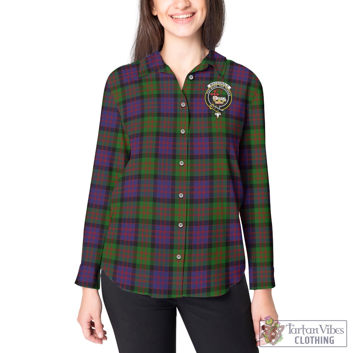 Tartan Vibes Clothing MacDonald Tartan Womens Casual Shirt with Family Crest