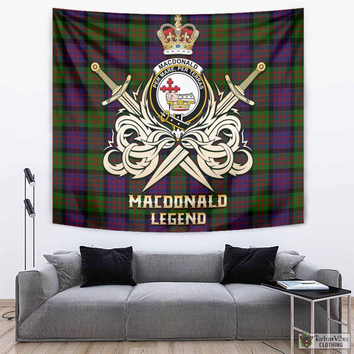 Tartan Vibes Clothing MacDonald Tartan Tapestry with Clan Crest and the Golden Sword of Courageous Legacy