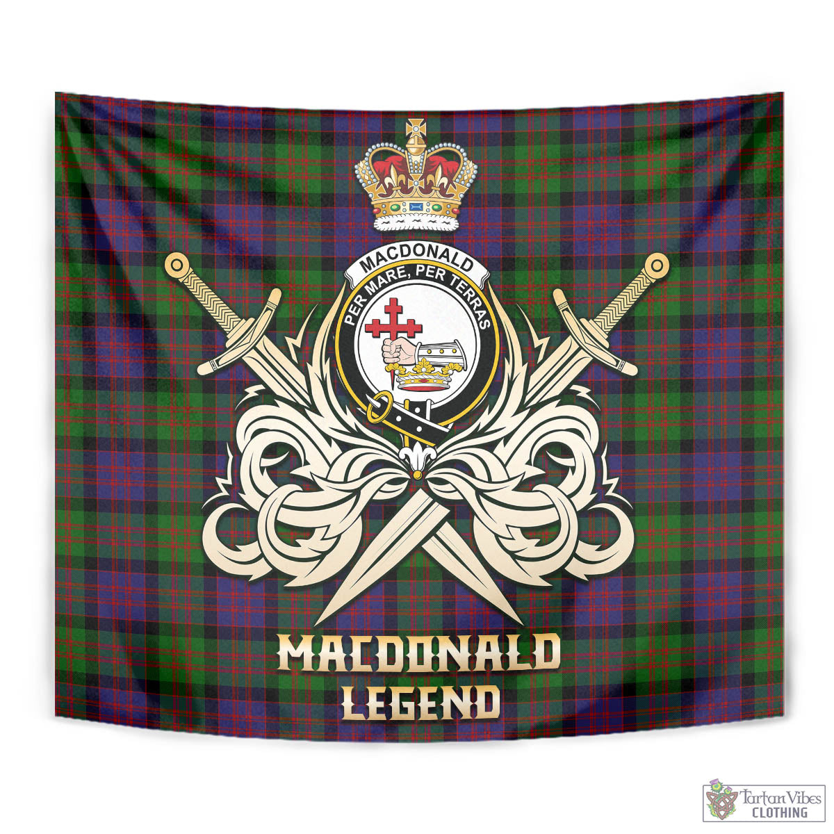 Tartan Vibes Clothing MacDonald Tartan Tapestry with Clan Crest and the Golden Sword of Courageous Legacy