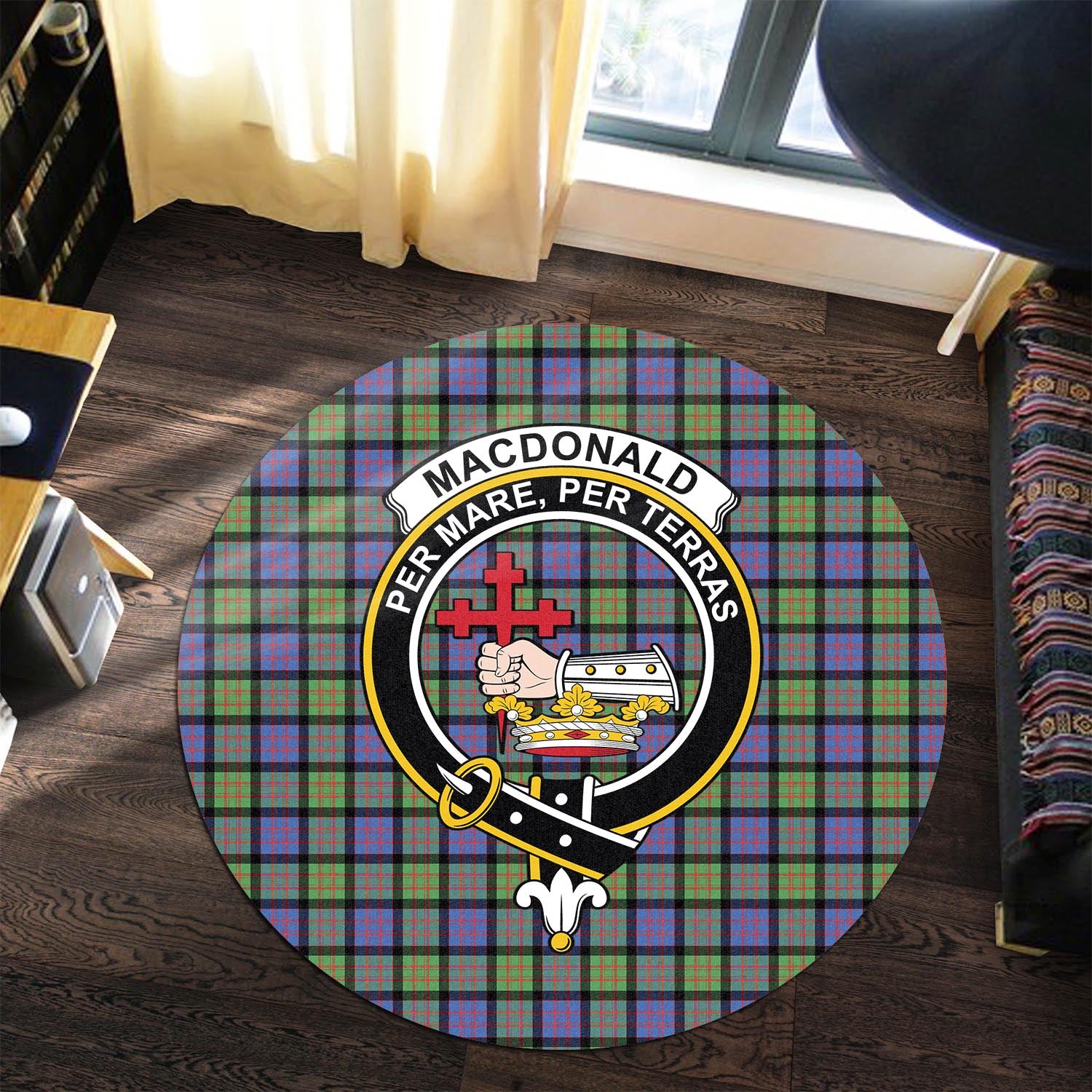 macdonald-ancient-tartan-round-rug-with-family-crest