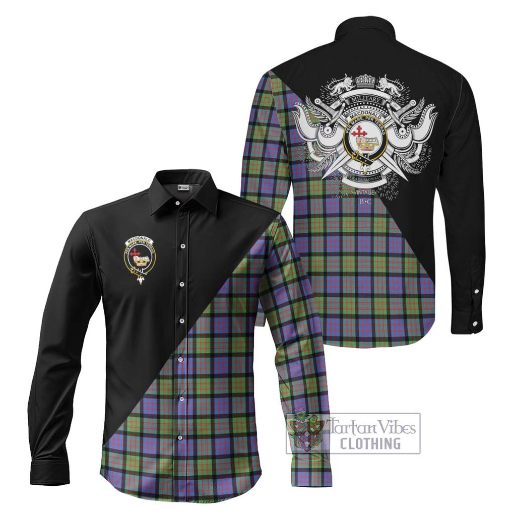 MacDonald Ancient Tartan Long Sleeve Button Shirt with Family Crest and Military Logo Style Men's Shirt S - Tartanvibesclothing Shop