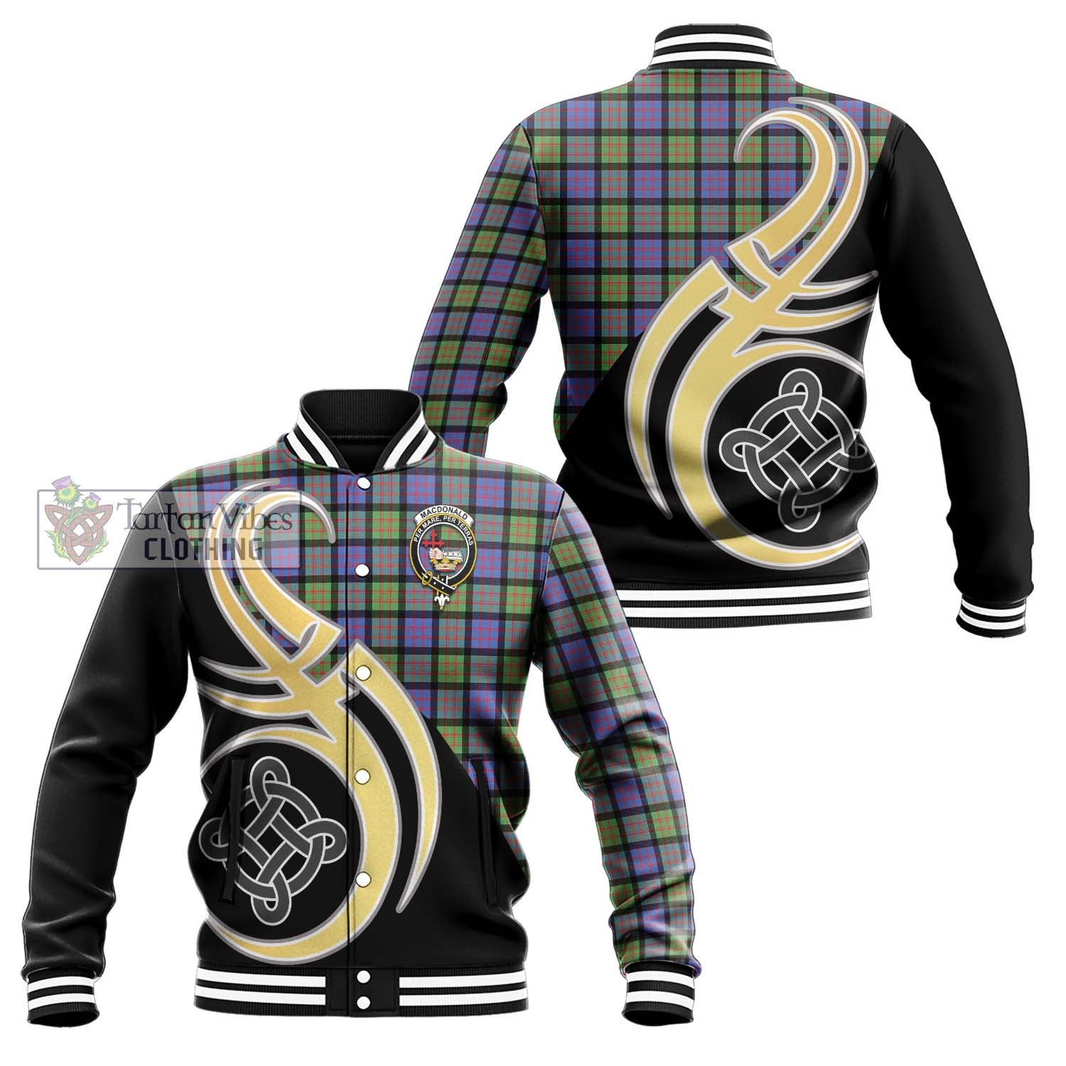 MacDonald Ancient Tartan Baseball Jacket with Family Crest and Celtic Symbol Style Unisex - Tartan Vibes Clothing