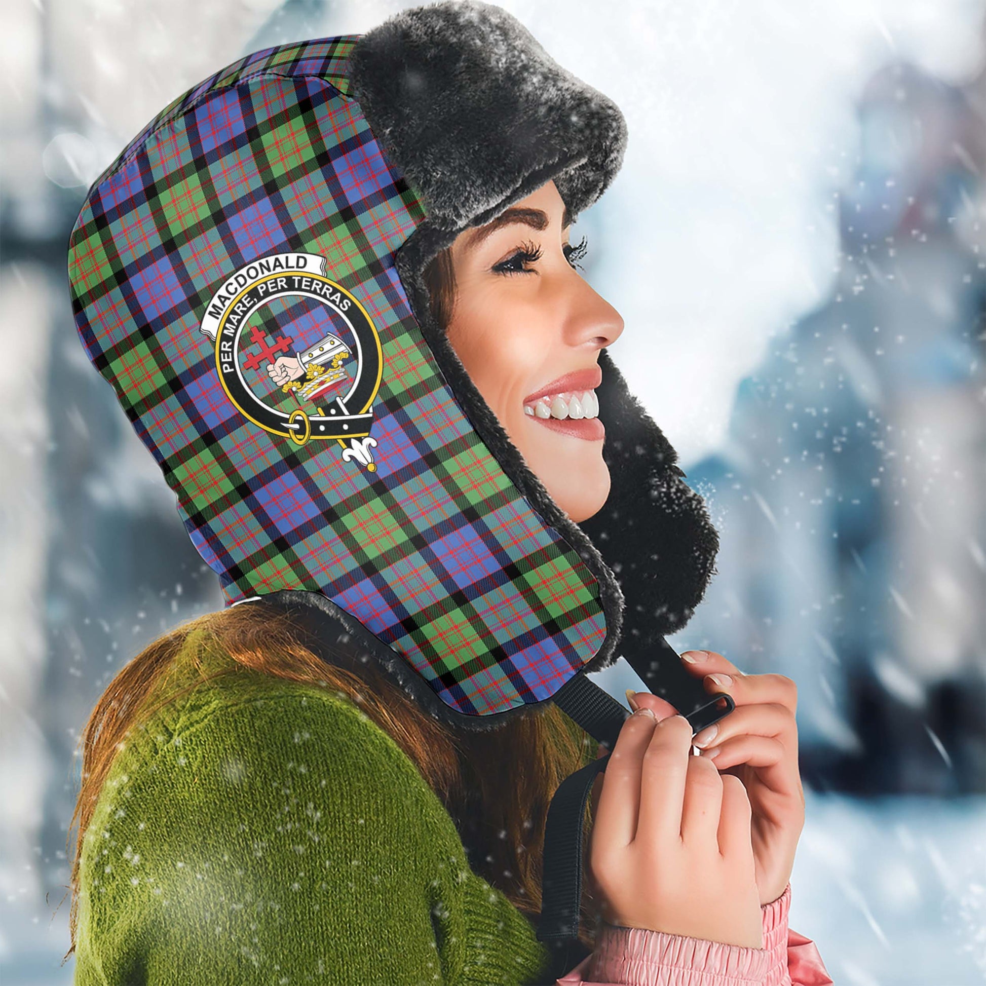 MacDonald Ancient Tartan Winter Trapper Hat with Family Crest Winter Trapper Hat Universal Fit Circumference 22.8in (58cm) - Tartanvibesclothing