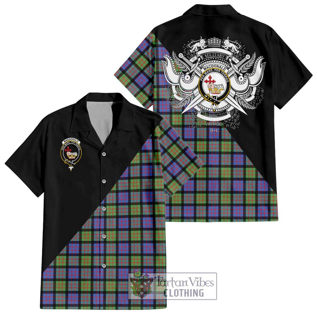 MacDonald Ancient Tartan Short Sleeve Button Shirt with Family Crest and Military Logo Style Kid - Tartanvibesclothing Shop