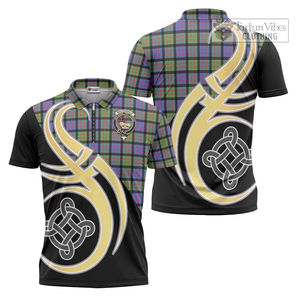 Tartan Vibes Clothing MacDonald Ancient Tartan Zipper Polo Shirt with Family Crest and Celtic Symbol Style