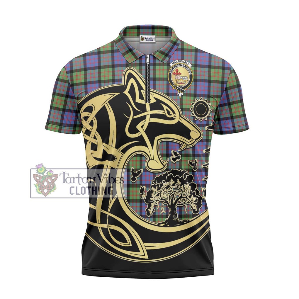 MacDonald Ancient Tartan Zipper Polo Shirt with Family Crest Celtic Wolf Style - Tartanvibesclothing Shop