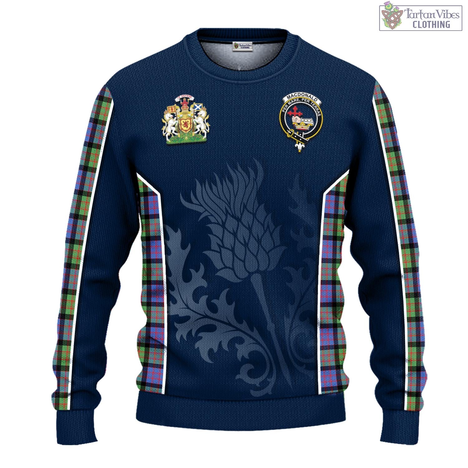 Tartan Vibes Clothing MacDonald Ancient Tartan Knitted Sweatshirt with Family Crest and Scottish Thistle Vibes Sport Style