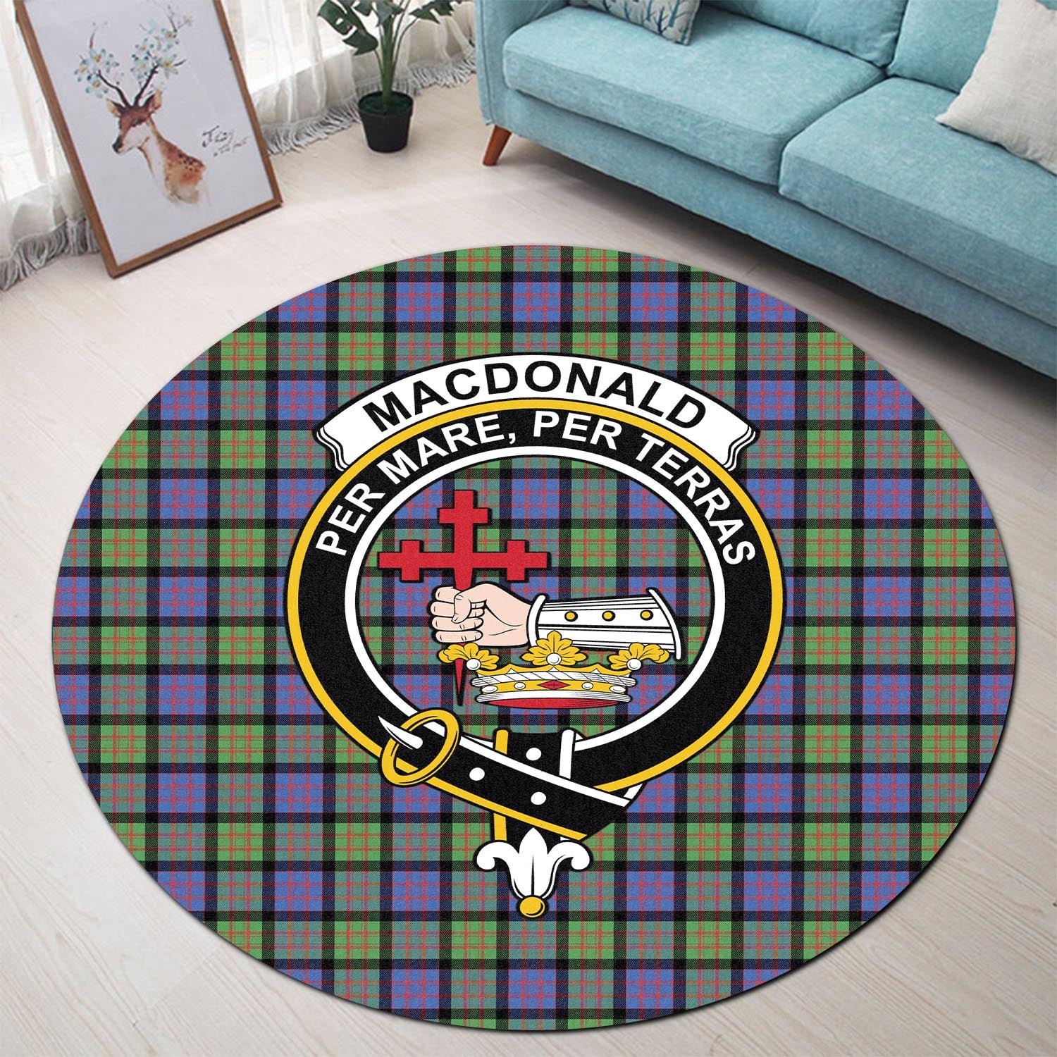 macdonald-ancient-tartan-round-rug-with-family-crest