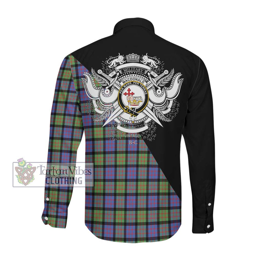 MacDonald Ancient Tartan Long Sleeve Button Shirt with Family Crest and Military Logo Style Men's Shirt - Tartanvibesclothing Shop