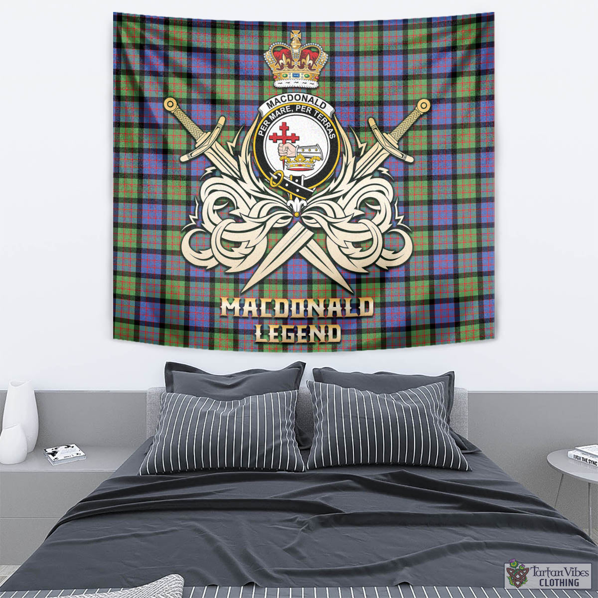 Tartan Vibes Clothing MacDonald Ancient Tartan Tapestry with Clan Crest and the Golden Sword of Courageous Legacy