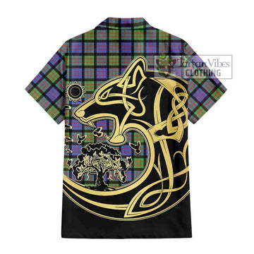 MacDonald Ancient Tartan Short Sleeve Button Shirt with Family Crest Celtic Wolf Style