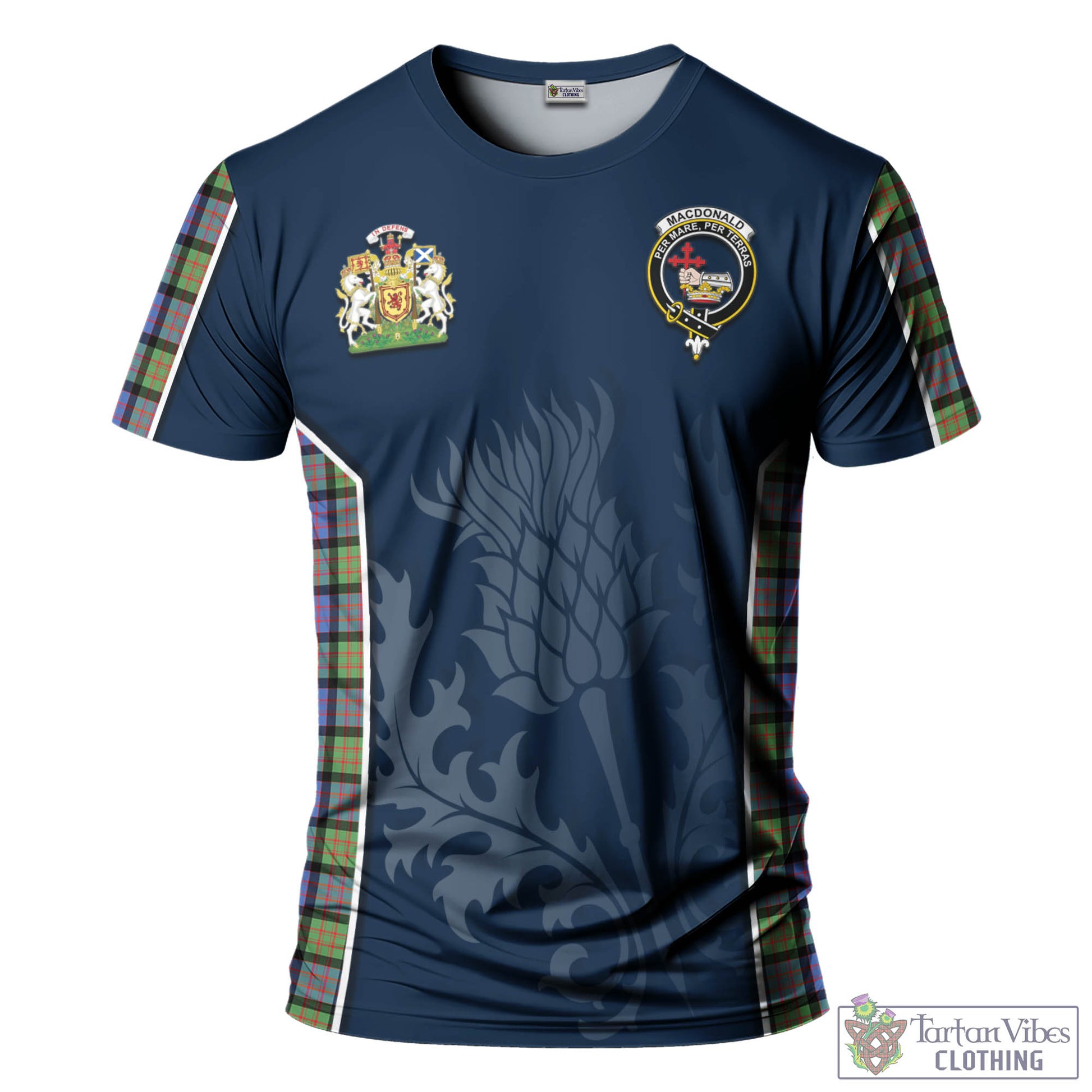 Tartan Vibes Clothing MacDonald Ancient Tartan T-Shirt with Family Crest and Scottish Thistle Vibes Sport Style