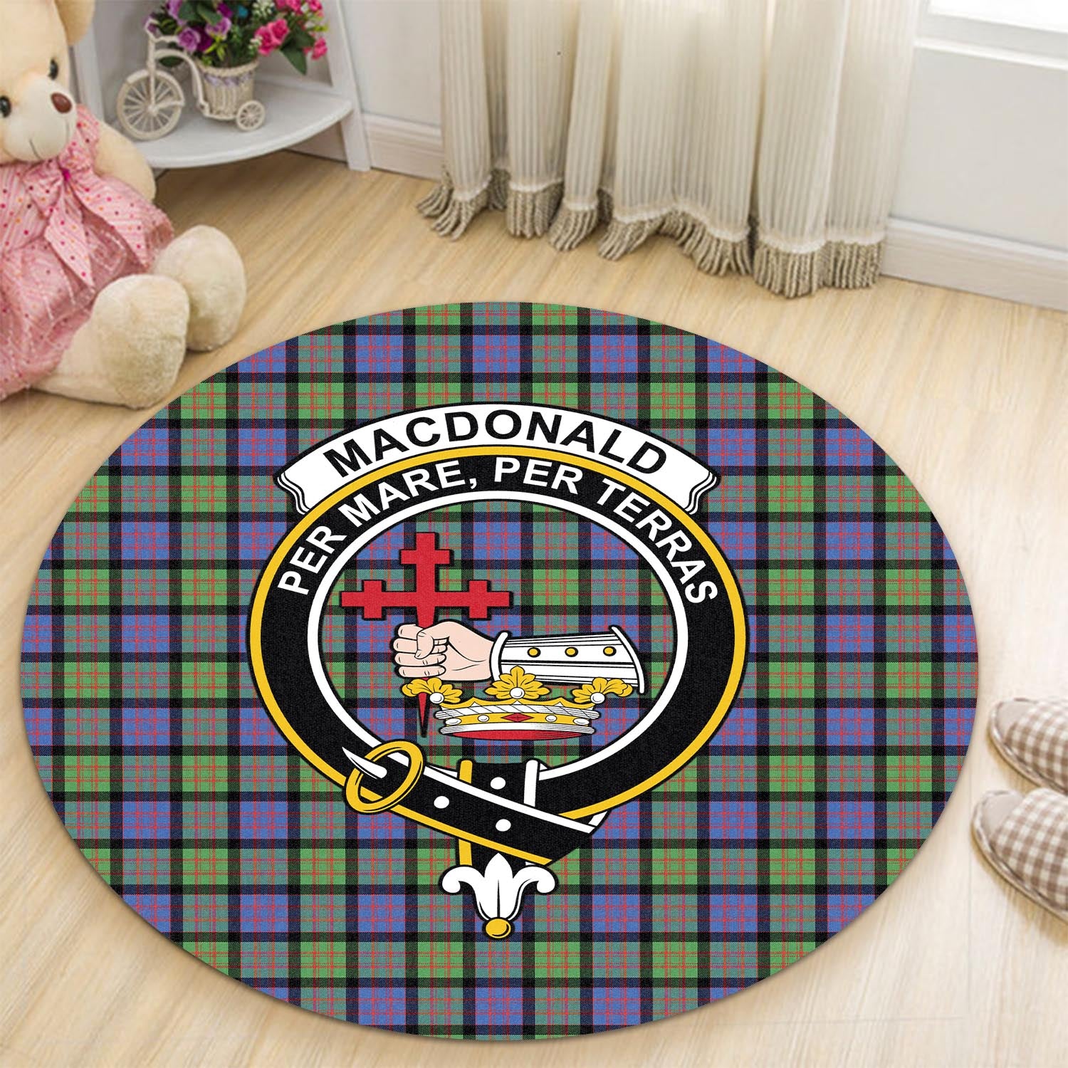 macdonald-ancient-tartan-round-rug-with-family-crest