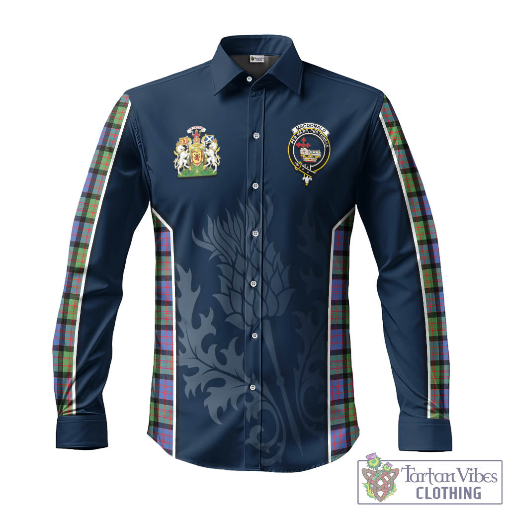 Tartan Vibes Clothing MacDonald Ancient Tartan Long Sleeve Button Up Shirt with Family Crest and Scottish Thistle Vibes Sport Style