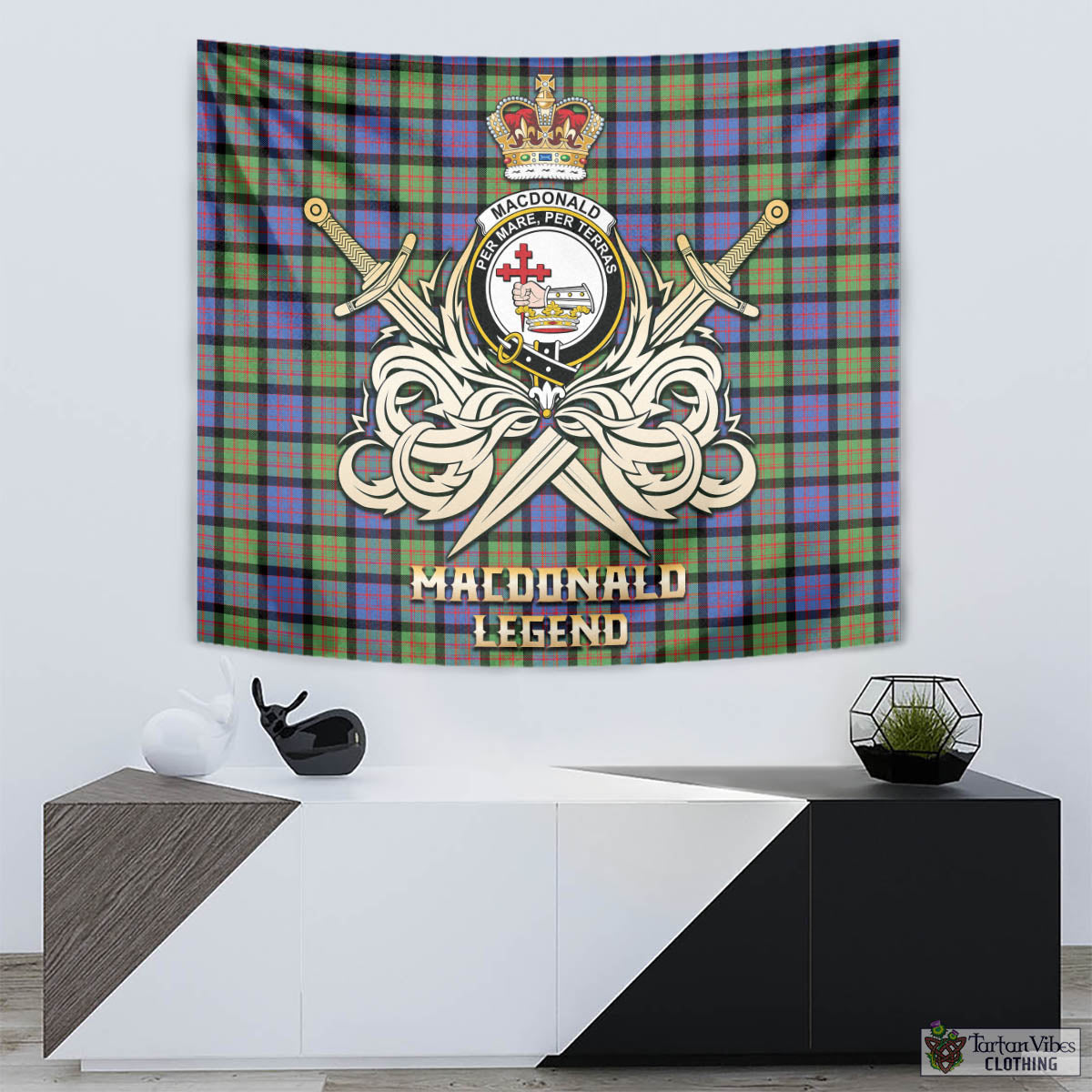 Tartan Vibes Clothing MacDonald Ancient Tartan Tapestry with Clan Crest and the Golden Sword of Courageous Legacy