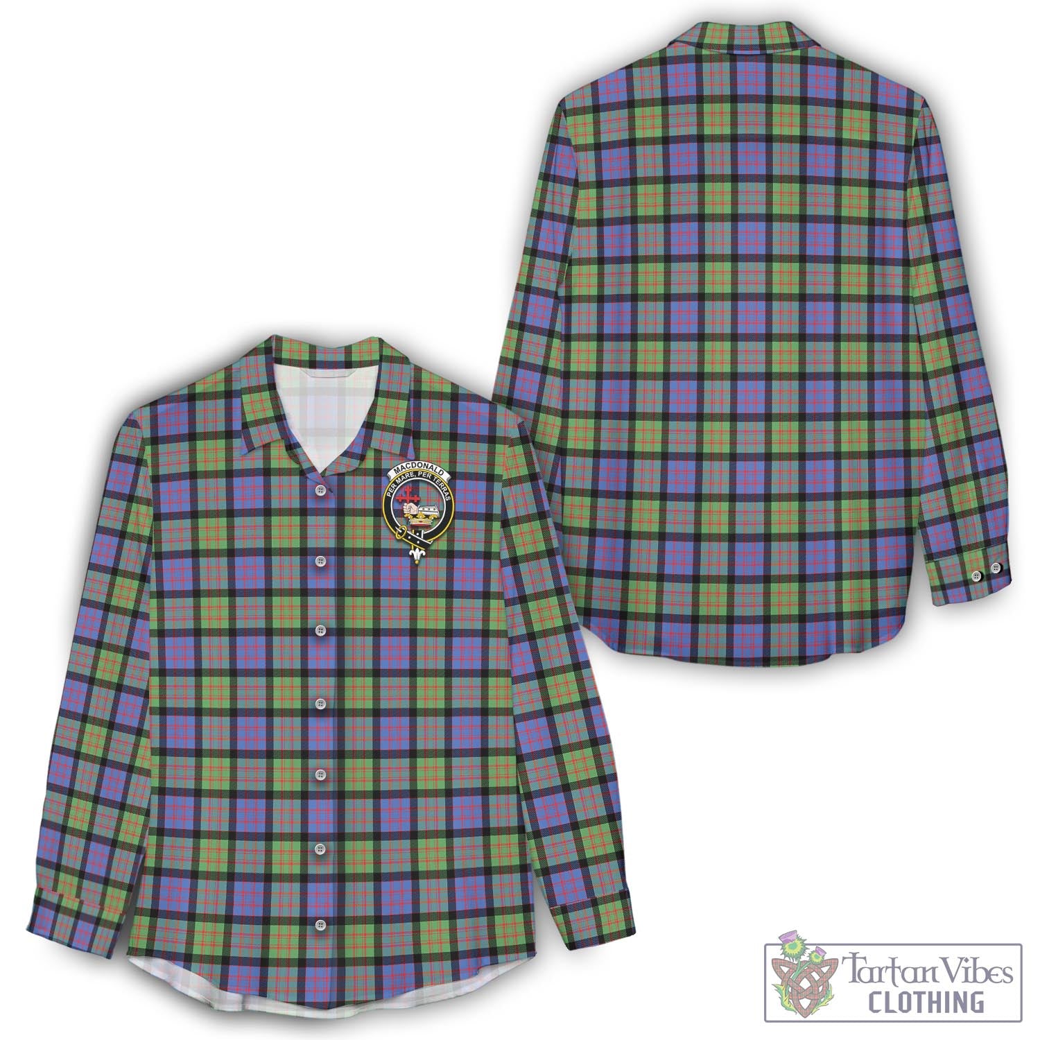 Tartan Vibes Clothing MacDonald Ancient Tartan Womens Casual Shirt with Family Crest