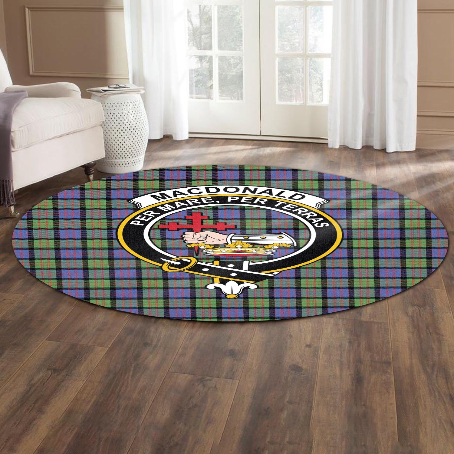 macdonald-ancient-tartan-round-rug-with-family-crest