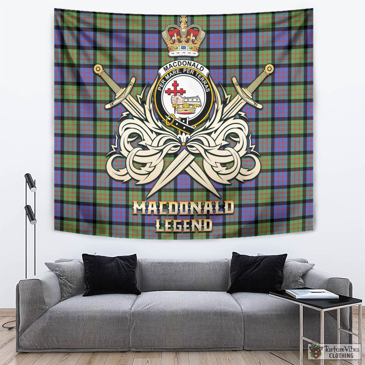 Tartan Vibes Clothing MacDonald Ancient Tartan Tapestry with Clan Crest and the Golden Sword of Courageous Legacy