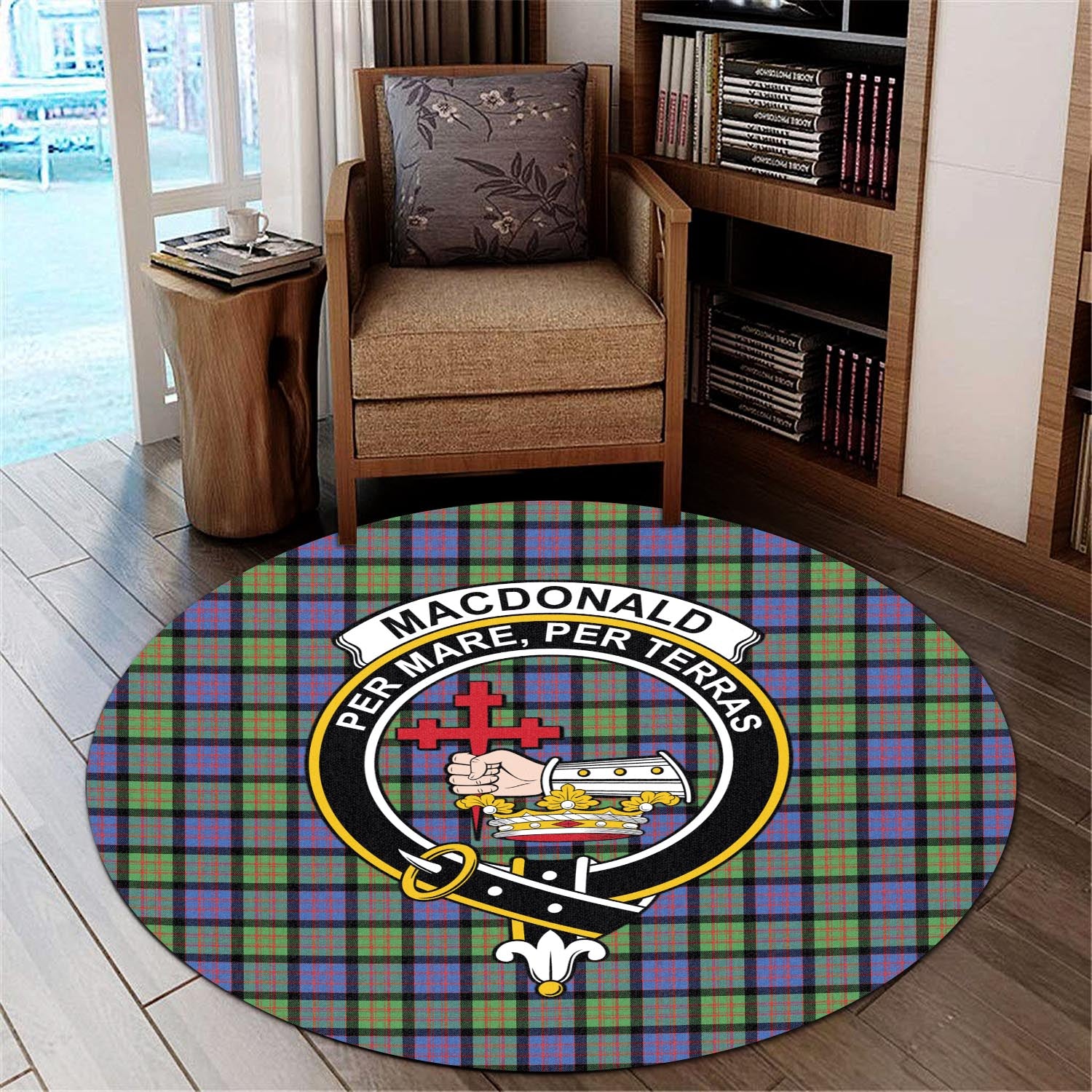 macdonald-ancient-tartan-round-rug-with-family-crest