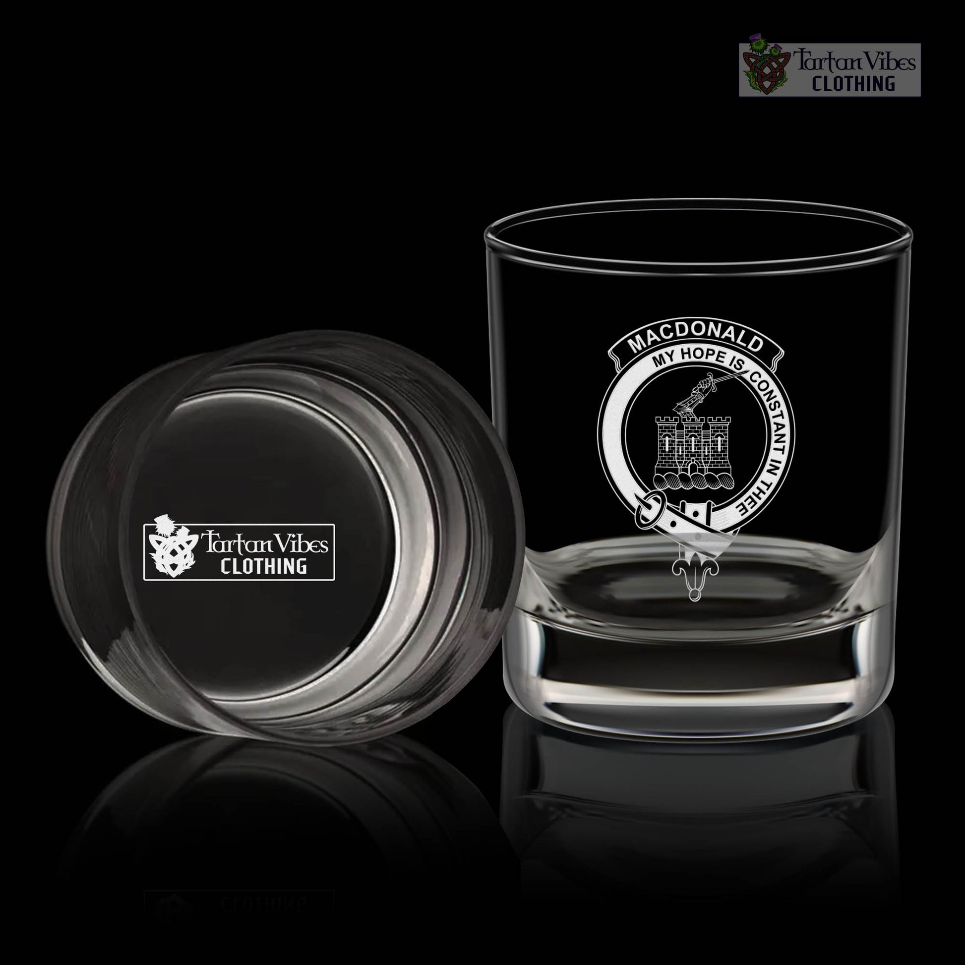 Tartan Vibes Clothing MacDonald Clan Ranald Family Crest Engraved Whiskey Glass with Handle