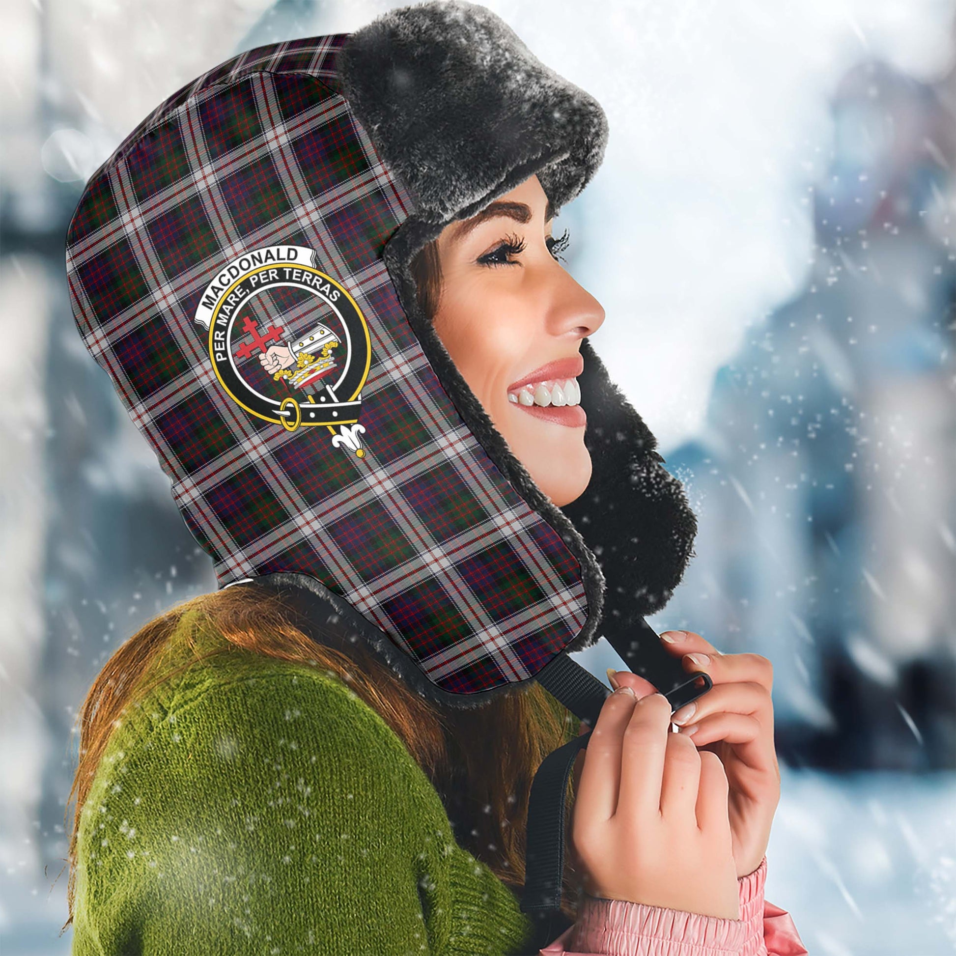 MacDonald Dress Tartan Winter Trapper Hat with Family Crest Winter Trapper Hat Universal Fit Circumference 22.8in (58cm) - Tartanvibesclothing