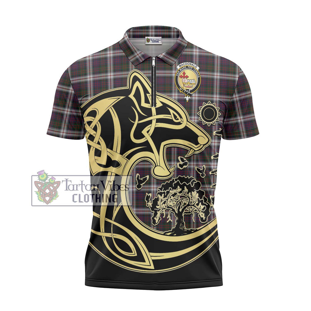 MacDonald Dress Tartan Zipper Polo Shirt with Family Crest Celtic Wolf Style - Tartanvibesclothing Shop