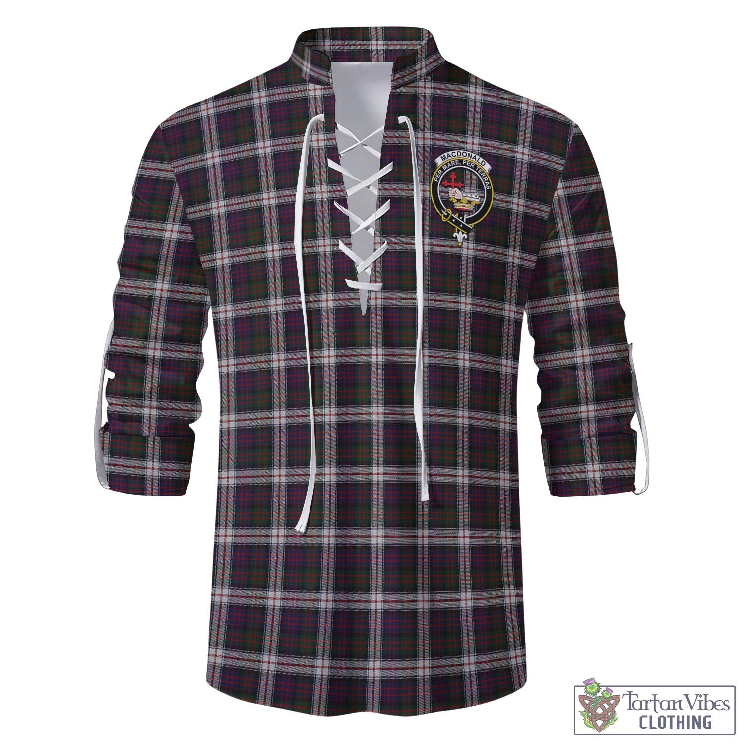 Tartan Vibes Clothing MacDonald Dress Tartan Men's Scottish Traditional Jacobite Ghillie Kilt Shirt with Family Crest