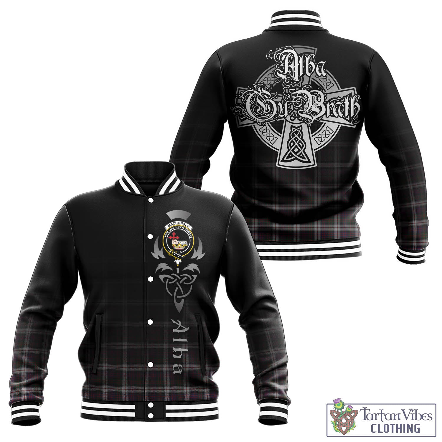 Tartan Vibes Clothing MacDonald Dress Tartan Baseball Jacket Featuring Alba Gu Brath Family Crest Celtic Inspired